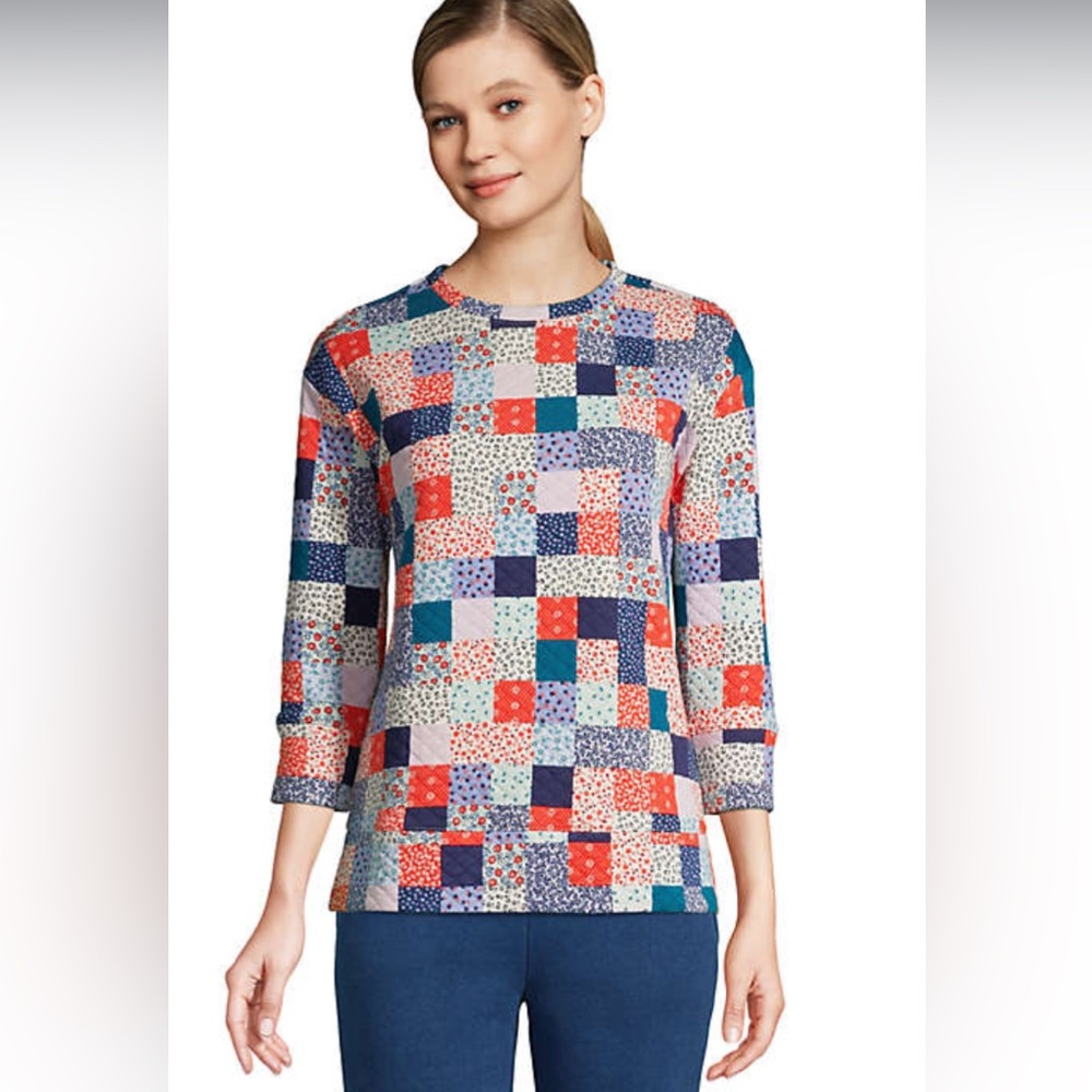 NEW Lands Ends Quilted Floral Patchwork Print 3/4 Sleeve Top *New in Package*